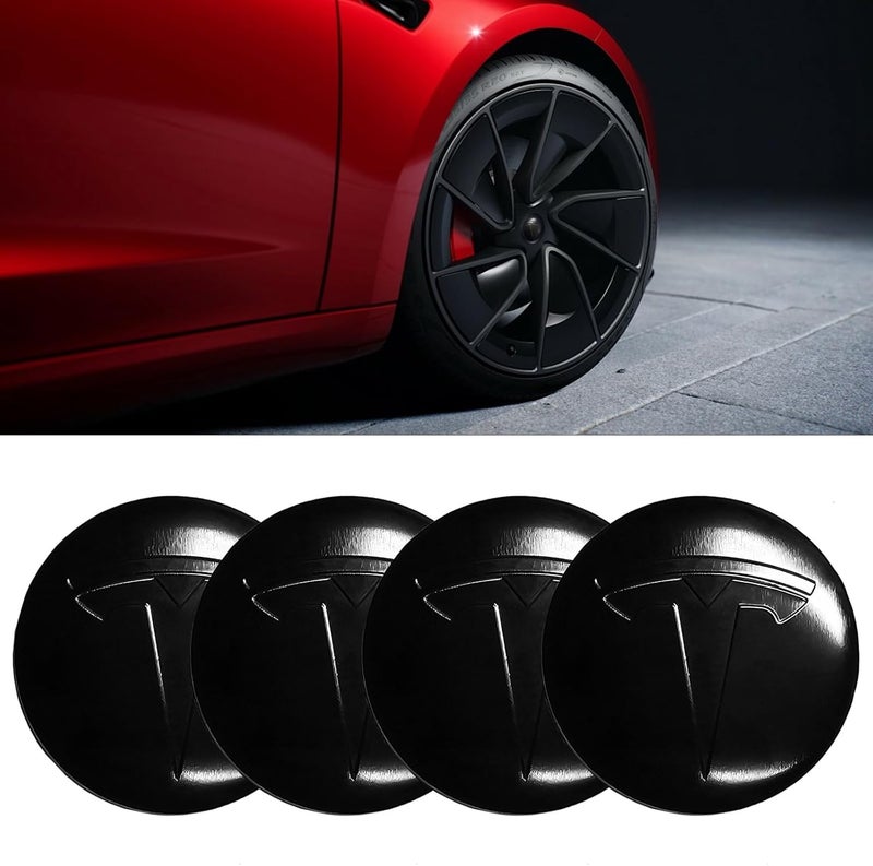 Knomix 4 Pack Aluminum Waterproof Wheel Cover Center Emblem Sticker for Tesla Model 3 Model Y 56mm Hubcaps Wheel Rim Cover (Glossy Black) - Image 3